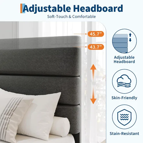 Vista 3 de GarveeHome Base de cama tamaño matrimonial con cabecera ajustable, tapizada de tela de lino y soporte de listones de madera, base de colchón