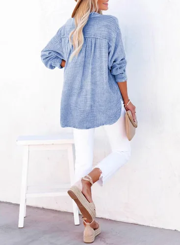 Vista 3 de Dokotoo Camisas de manga larga con cuello en V y botones para mujer, blusas lisas de gran