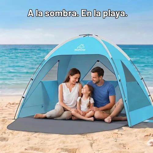 Vista 4 de Wolfwise Tienda de playa Refugio de sol portátil, Cabaña estándar de la Shade Beach Essentials, protección UV UPF 50+ y fácil instalación, ventanas