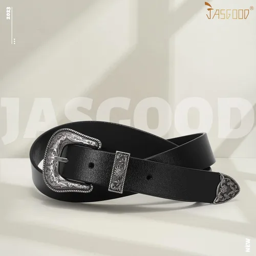 Vista 3 de Cinturón de cuero para mujer, diseño clásico occidental, cinturón negro para pantalones de mezclilla.