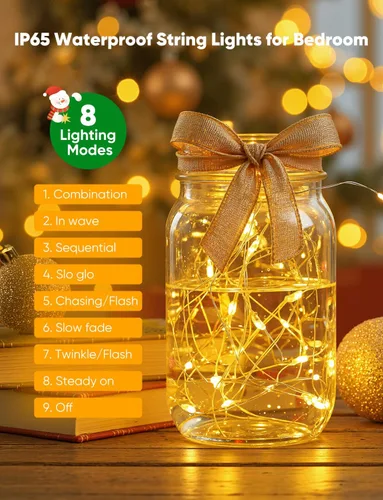 Vista 2 de Minetom Paquete de 12 luces de hadas que funcionan con pilas, 8 modos, 7 pies, 20 LED, 6 colores, impermeables, alambre plateado, luces