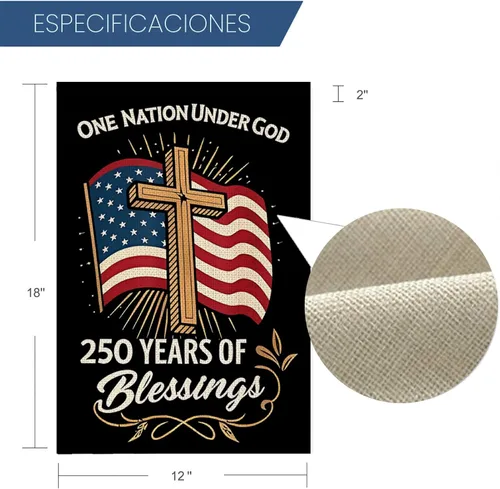 Vista 2 de Blessings America Bandera de Jardín 250, Una Nación Bajo Dios, Diseño de Cruz Patriótica del 250º Aniversario de EE.UU., Arpillera de Doble Cara, 12