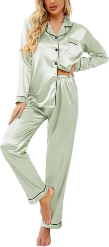 Vista 42 de Ekouaer - Conjunto de pijama de satén de seda clásico con botones para mujer, de manga larga Verde militar