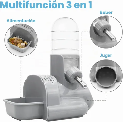 Vista 5 de VANNON Botella de agua 3 en 1 para hámster con cuenco para alimentos y base Gris