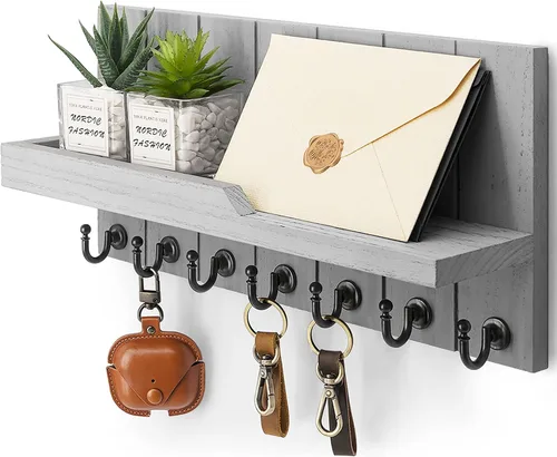 Vista 23 de Rebee Vision Soporte de Pared para Llaves de Madera de Acacia – Soporte para Llaves Estilo Granja para Pared y Organizador de Correo con Estante