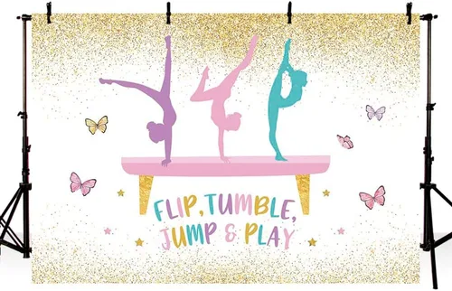 Vista 2 de MEHOFOND Telón de fondo de gimnasia de cumpleaños para niñas, gimnastas, volteador, saltar y jugar, suministros de decoración de fiesta, fondo