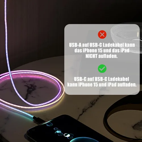 Vista 3 de MOSHOU Cable de carga USB C brillante de 3 pies, luz RGB de iluminación gradual USB C a USB C, PD de 100 W, cable de carga LED rápida para Samsung