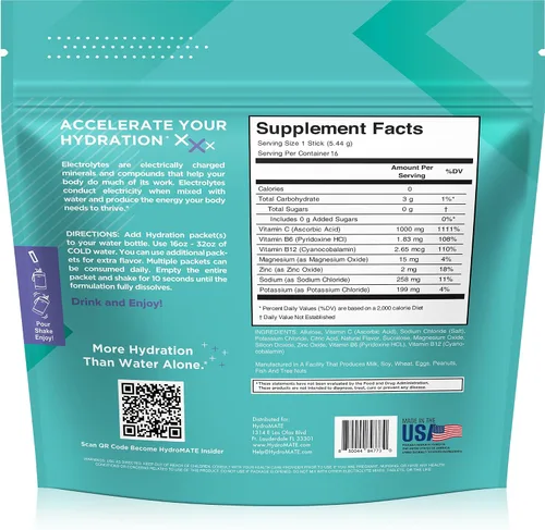 Vista 4 de Paquetes de hidratación sin azúcar en polvo de electrolitos Acai Berry HydroMATE 16 Sticks