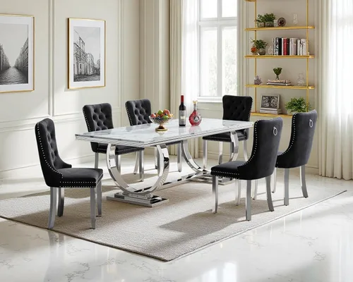 Vista 64 de Juego de mesa de comedor de 5 piezas para 4, mesa de cocina de mármol negro de 68 pulgadas con 4 sillas beige, mesa de comedor rectangular moderna