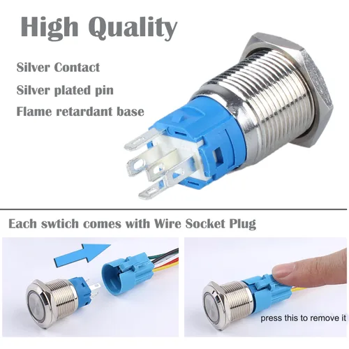 Vista 4 de 2 interruptores de botón de bloqueo de 0.630 in 12V-24V 1NO 1NC impermeable IP66 botón de metal autobloqueante para orificio de montaje de 5/8