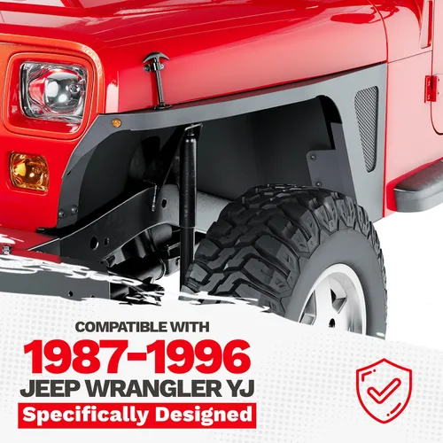 Vista 2 de ECOTRIC Protector de parachoques delantero compatible con Jeep Wrangler YJ 1987-1996, guardabarros con luces LED de águila con inserto de malla