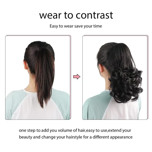 Vista 2 de Extensiones de cola de caballo de color negro, pinza de extensiones de cabello rizado para mujer, extensiones de cabello sintético de cola