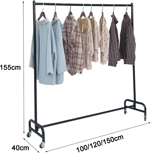 Vista 4 de Perchero de ropa de un solo riel con ruedas, riel de ropa de metal resistente comercial, perchero de ahorro de espacio para dormitorios y boutiques