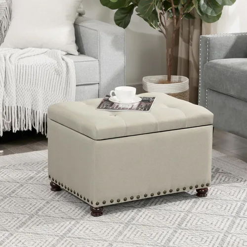 Vista 5 de Otomana de Almacenamiento de 24", Otomana de Tela Reposapiés con Tapa Articulada, Taburete Tapizado Rectangular Acolchado, Carga hasta 350 lb