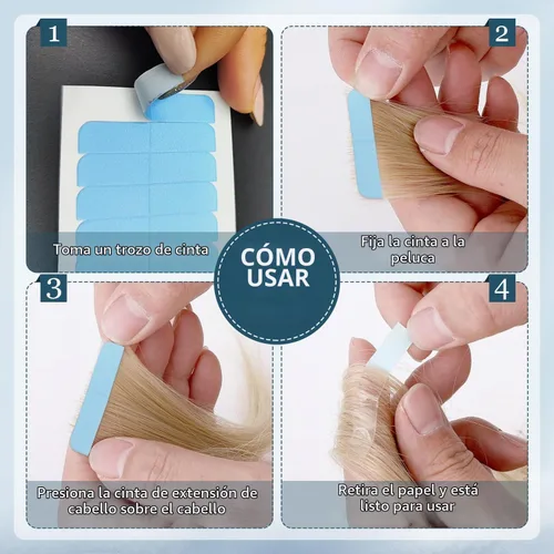 Vista 5 de 120 cintas de extensión de cabello de doble cara, cinta azul de repuesto de cabello humano de 0.31 x 1.57 pulgadas para extensiones de cabello