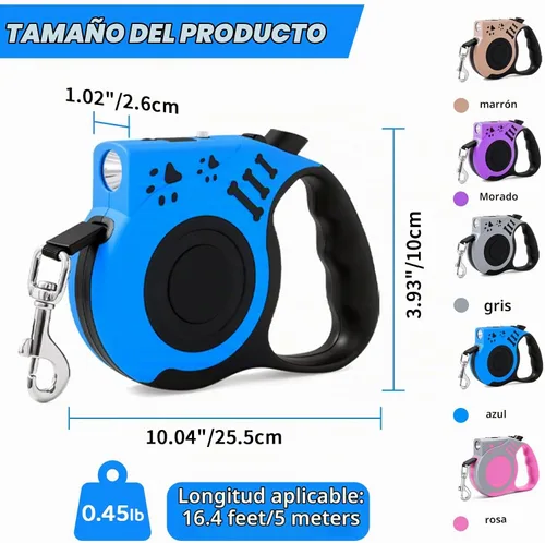 Vista 3 de Correa retráctil para perro con linterna recargable USB para paseos nocturnos, correa telescópica automática de tractor de 16 pies para perros Azul