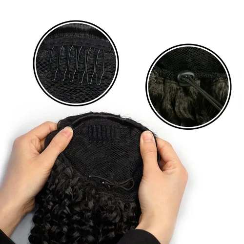 Vista 4 de Cola de caballo con cordón para mujeres negras, rizado de 16 pulgadas, extensiones de cola de caballo negro natural (1b)