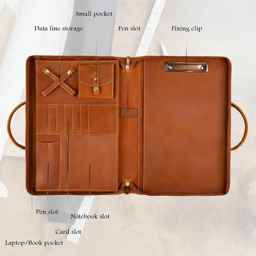 Vista 2 de Portafolio de Cuero Genuino, Organizador Padfolio con Asa, Padfolio Personalizado, Padfolio con Cremallera para Hombres y Mujeres, Adecuado