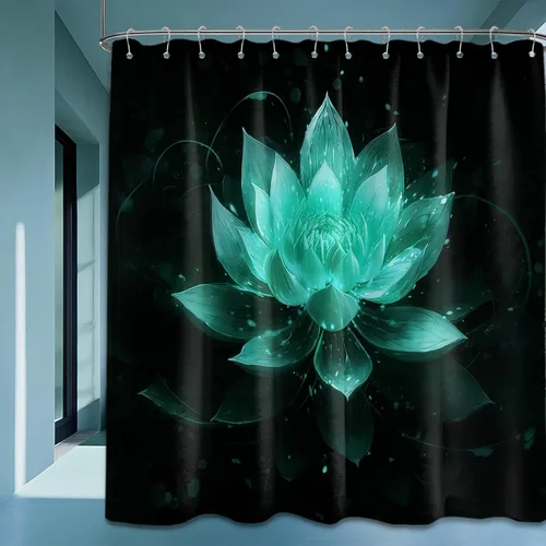 Vista 24 de Cortina de ducha con flores de loto negro y azul para decoración de baño, juego de cortinas decorativas de baño con estampado floral, tela