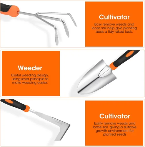 Vista 4 de Gartden Tools, 10 herramientas de jardín de acero inoxidable para jardinería con mango ergonómico antideslizante, herramientas de mano de jardín