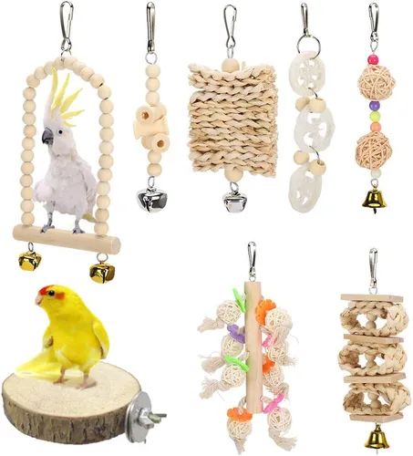 Vista 5 de 8 Packs Bird Parrots Hanging Swing Cage Toys Natural Wood Climbing Chewing Set for Pet Bird Exercise and Rest