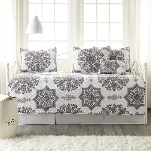Vista 9 de Juego de funda para sofá cama de tamaño individual, 6 piezas, fundas a 1 - Hojas Botánicas Gris