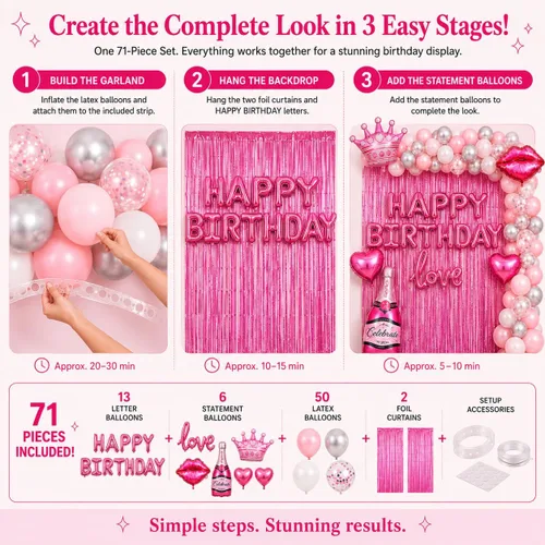 Vista 4 de Vidal Crafts - Decoraciones de cumpleaños rosadas, 71 piezas de decoraciones de feliz cumpleaños con globos de látex, papel de aluminio y confeti