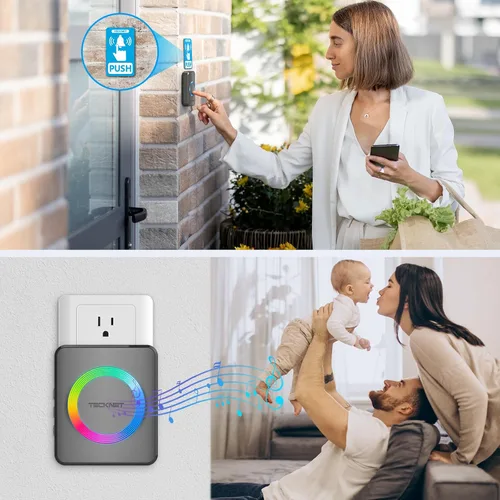 Vista 7 de TECKNET Timbre inalámbrico para el hogar, IP65 impermeable, 1,970 pies, 120 dB, timbre de puerta inalámbrico para aula con 60 campanas y 5 niveles