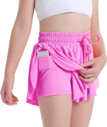 Vista 2 de Paquete de 3 pantalones cortos fluidos 2 en 1 para niñas, falda de mariposa con bolsillos para baile, escuela, correr, gimnasio, fitness, dormir