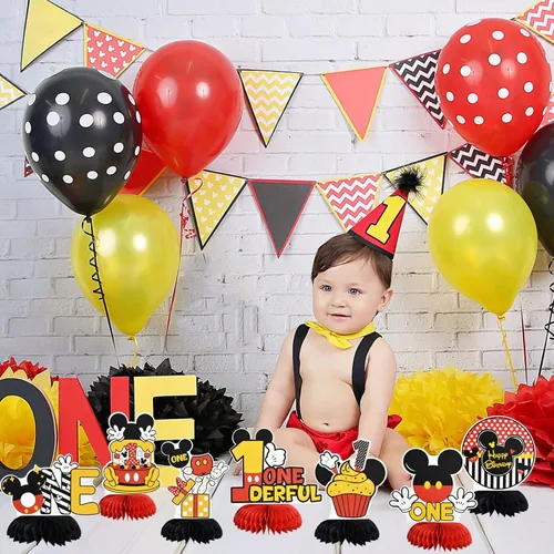 Vista 5 de TONIFUL Centros de mesa con diseño de panal de ratón con temática de cumpleaños número uno en negro, rojo y amarillo, decoración de mesa con ratón
