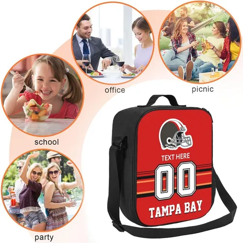 Vista 5 de Bolsa de almuerzo personalizada de Tampa Bay, regalos para hombres, mujeres, fanáticos, con nombre y número personalizados, correas de hombro
