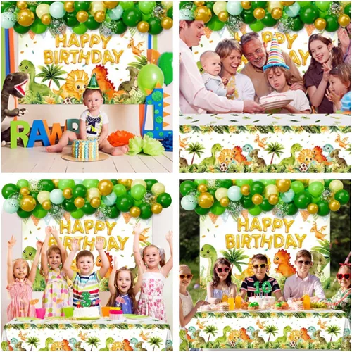 Vista 2 de Decoraciones de cumpleaños de dinosaurios, suministros de fiesta de Kit de guirnalda de arco de globos verdes, mantel de fondo de dinosaurio