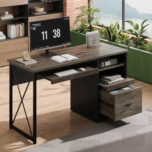 Vista 13 de Bestier - Escritorio de computadora de 48 pulgadas con cajones, escritorio de oficina con almacenamiento, escritorio de escritura de madera Cereza