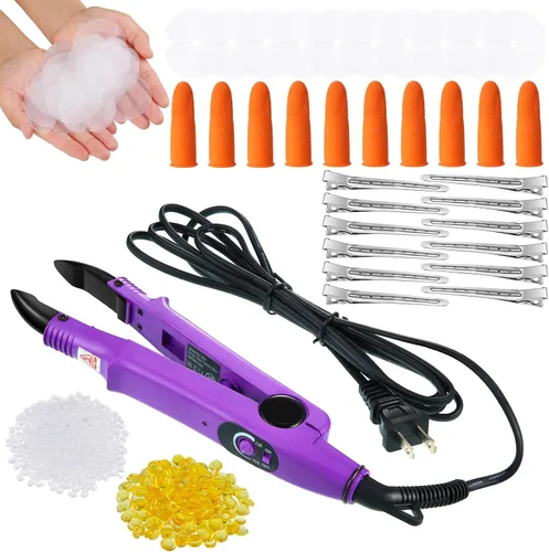 Vista 8 de Kit de extensión de cabello de queratina: plancha térmica, gránulos de pegamento de queratina, plantillas protectoras, pinzas para el cabello y Negro