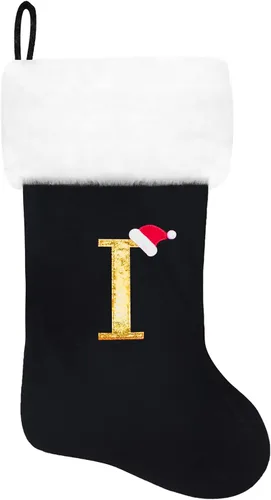 Vista 73 de Calcetines de Navidad bordados de 20 pulgadas con monograma, terciopelo negro con puño de felpa blanca supersuave, adornos clásicos para decoración