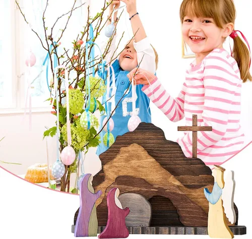 Vista 3 de IoF Adorno de escena de resurrección de Pascua, decoración de Pascua religiosa de madera, figuras de tumba vacía cristiana de madera, juego