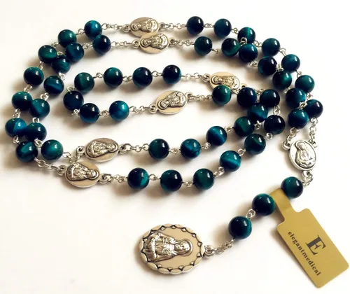 Vista 9 de elegantmedical Hecho a mano Rara Pavo Real BuleTiger Eye Jade Cuentas Siete 7 PELÍCULAS MARÍA MEDALLA Rosario Collar Regalos Católicos, Vidrio
