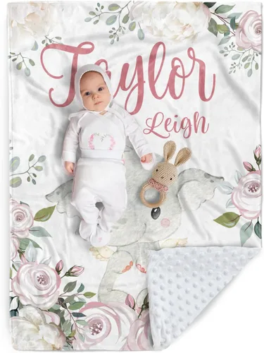 Vista 18 de Manta de bebé personalizada, manta de felpa suave con respaldo de puntos de doble capa para niños y niñas, nombre personalizado con diseño de animal