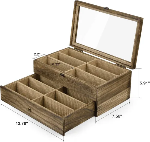 Vista 5 de SRIWATANA Estuche organizador de lentes de sol para mujeres y hombres, caja de exhibición de anteojos de madera con 12 ranuras con parte superior