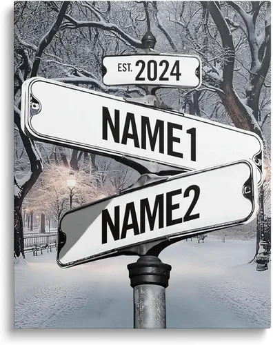Vista 16 de Lienzo de letrero de calle vintage personalizado para parejas, nombre y fecha personalizados con tema de nube en blanco y negro, regalo de boda