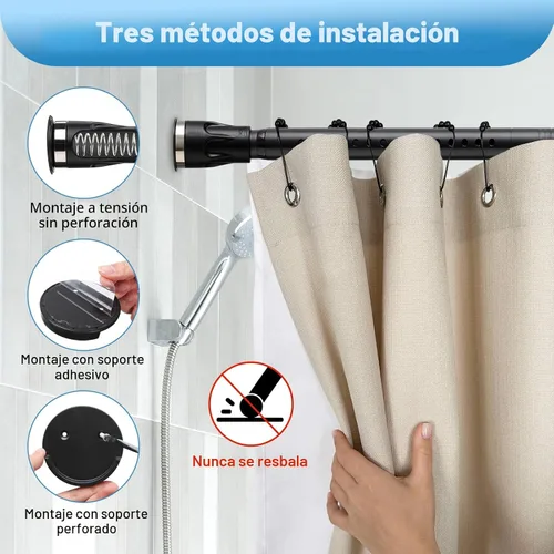 Vista 5 de Barra de cortina de tensión, de 42 a 100 pulgadas, ajustable, resistente, negra, barra de cortina de ducha para baño, armario, ventanas