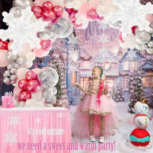 Vista 2 de Kit de arco de guirnalda de globos de invierno rosa, cromado, plateado, rojo y blanco con globos de copo de nieve para niñas Onederland princesa