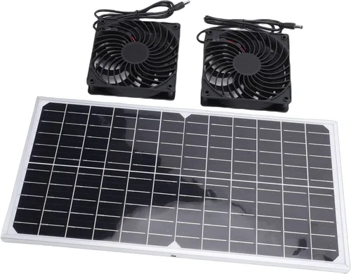 Vista 2 de Ventilador solar de 16 W, monocristalino doble extractor, ventilador solar para gallinero, escape con red protectora para cobertizo al aire libre