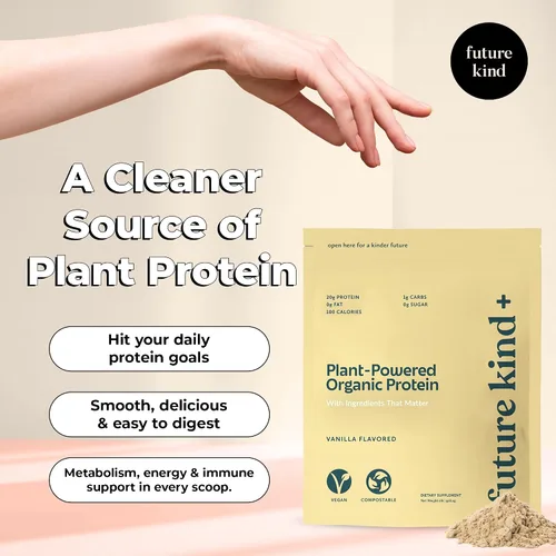 Vista 2 de Future Kind Proteína vegana en polvo, vainilla, proteína vegetal de guisantes para músculos magros con hierro y fibra, sin suero de leche, sin