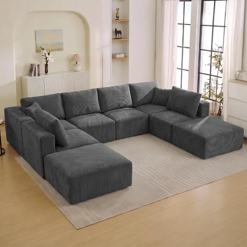 Vista 34 de WUTUTUEE Sofá modular en forma de U de 115 pulgadas, sofá modular modular de 3 plazas con 2 otomanas móviles, sofá cama convertible de pana con Beige