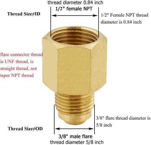 Vista 2 de Adaptador de gas de acoplamiento de tubo de latón de 3/8 pulgadas macho x 1/2 pulgada NPT hembra reductor adaptador, tubo de latón, acoplamiento