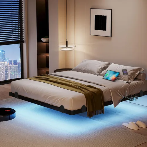 Vista 8 de Marco de cama flotante completo con cabecero, marco de cama de plataforma moderna con luces LED y estación de carga USB, marco de cama de metal