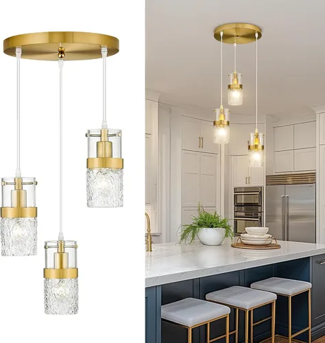 Vista 10 de LMS Lámpara colgante dorada, 1 luz colgante para isla de cocina con vidrio martillado, LMS-171