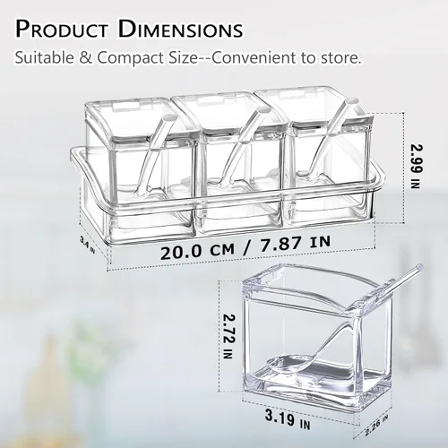 Vista 3 de V·RESOURCING Caja de condimentos transparente, 3 piezas de recipientes de especias con soporte para condimentos, sal y azúcar, con 3 cucharas