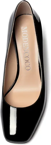 Vista 3 de MODENCOCO Zapatos de tacón alto de bloque sólido con puntera cuadrada gruesa para mujer, 3 pulgadas